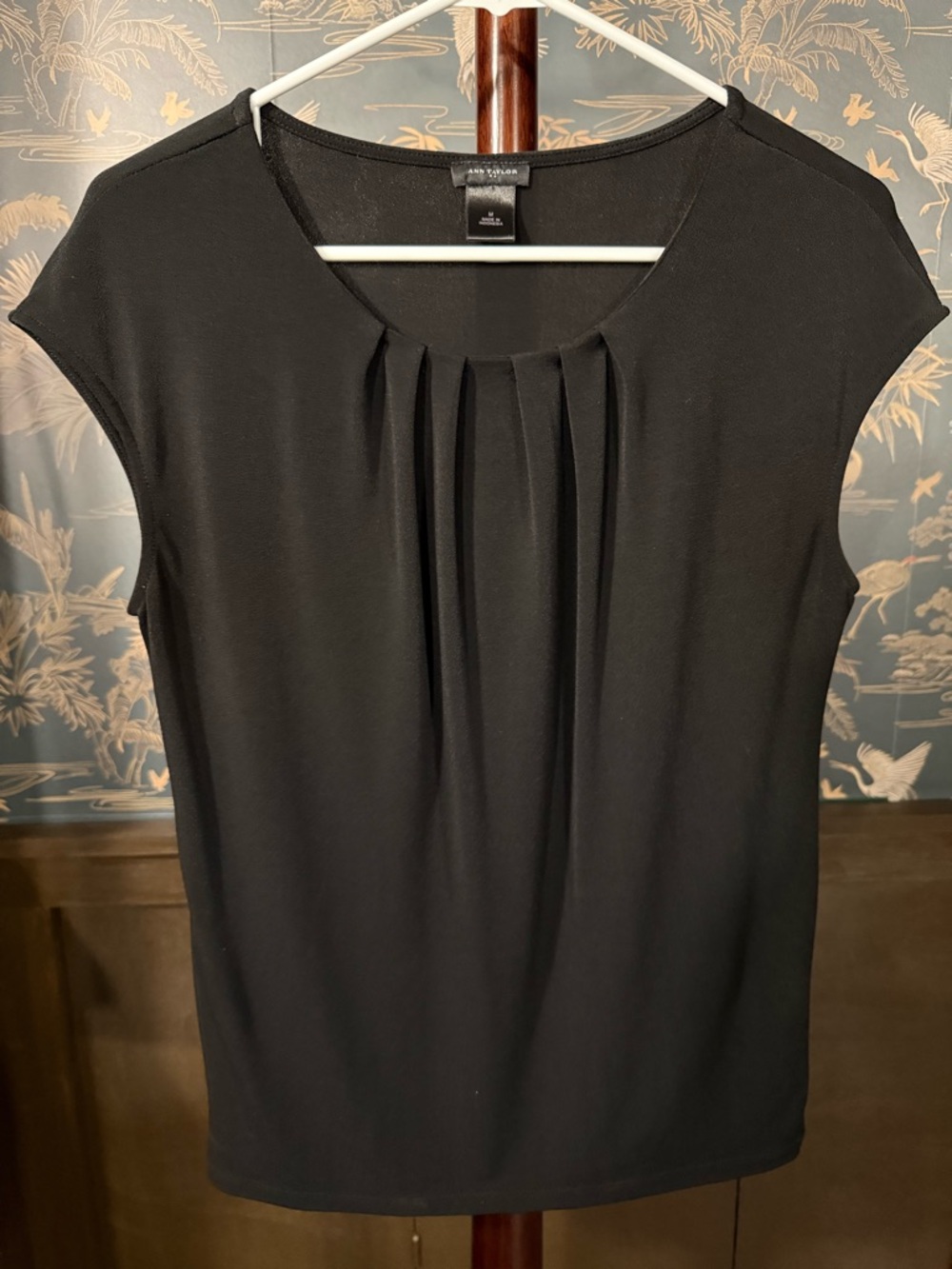 Ann Taylor Black Pleated Cap-Sleeve Blouse